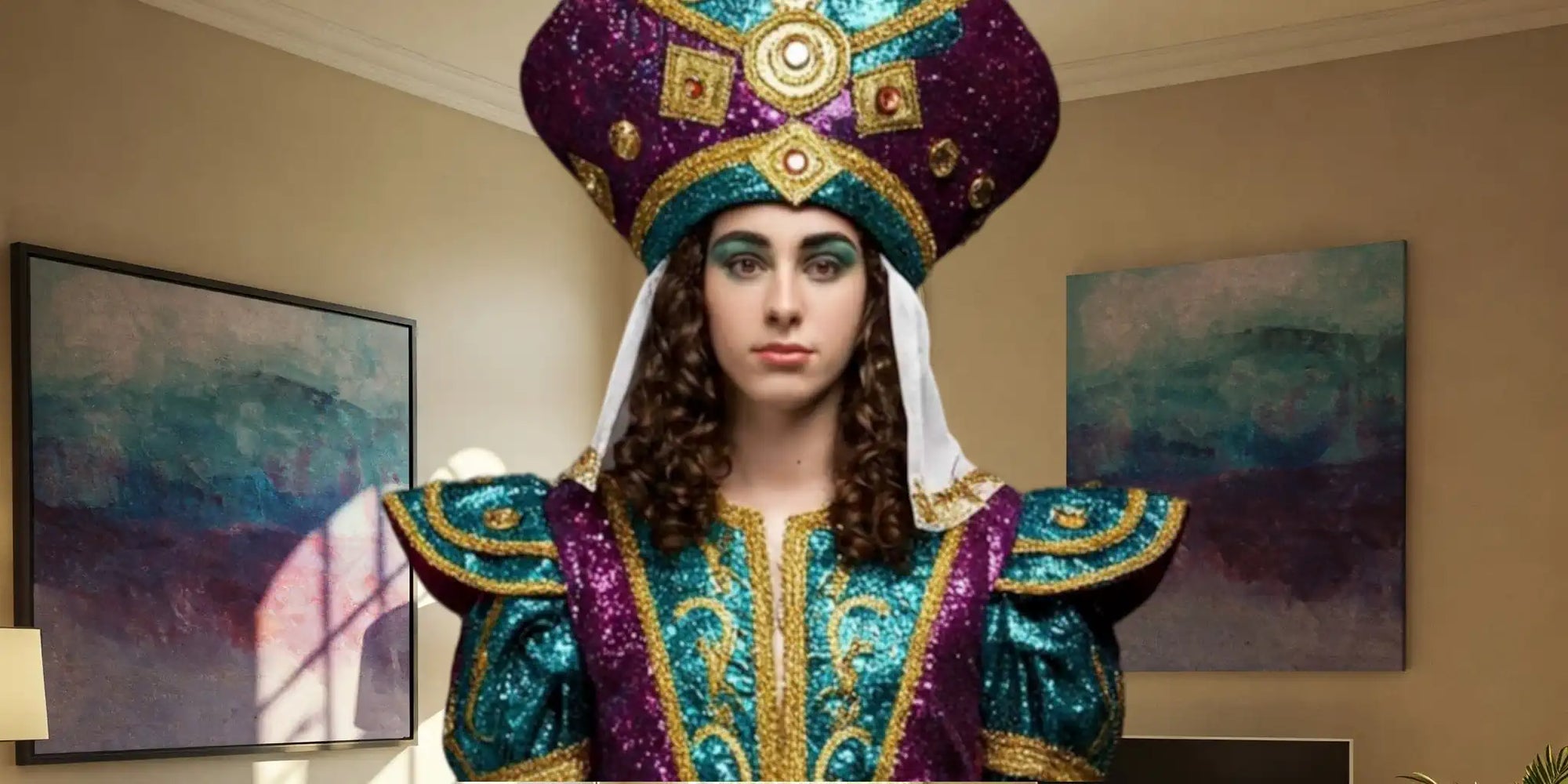 girl in costume in living room scene