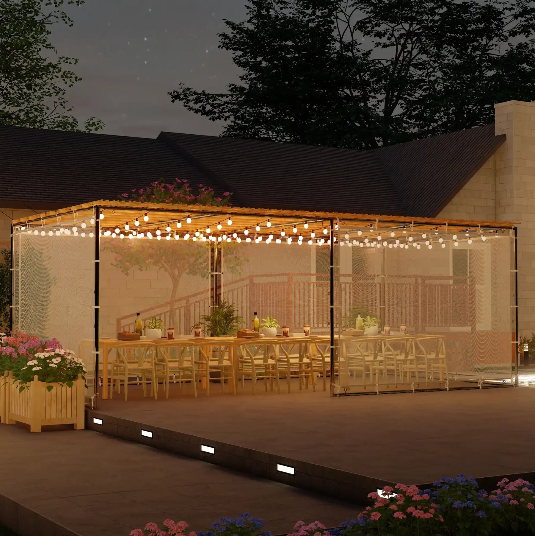 house with a lit and set sukkah on the patio