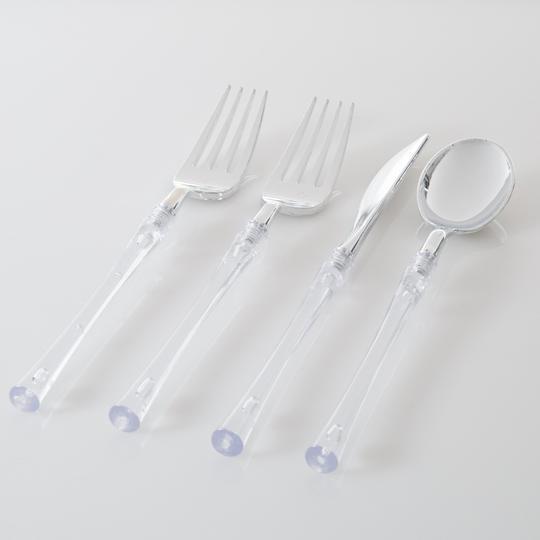 Neo Classic Clear and Silver Plastic Cutlery Set | 32 Pieces - Set With Style