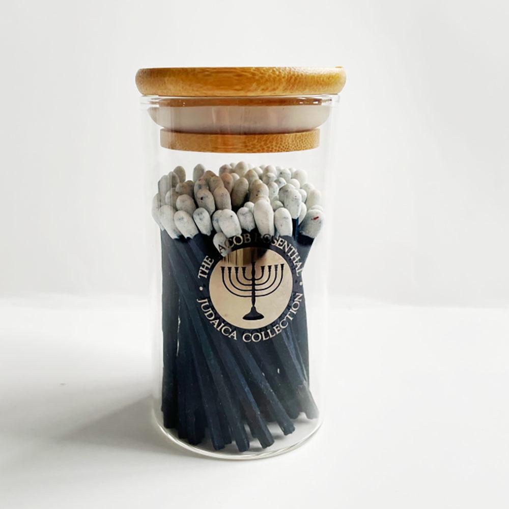 Chanukah Navy Matches with White Tip in Glass Container - Set With Style