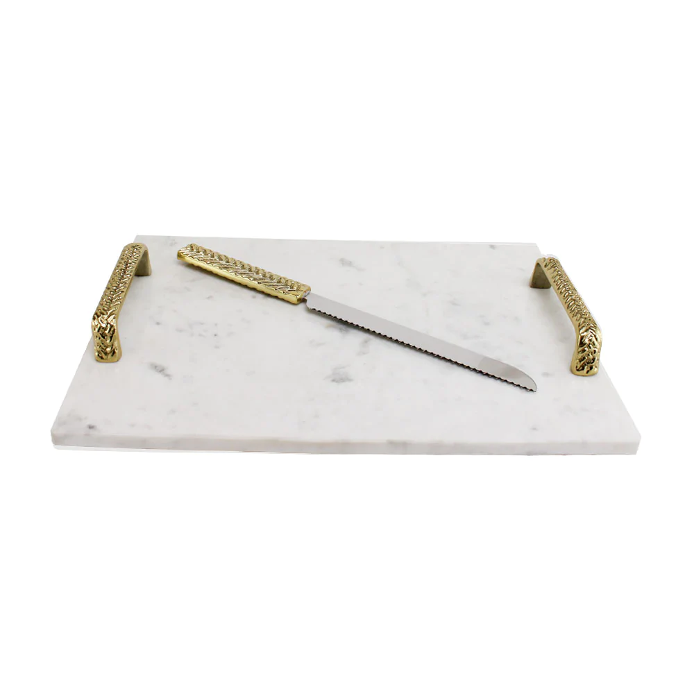 Marble Challah Board with Braided Gold Handles and Coordinating Knife - Set With Style