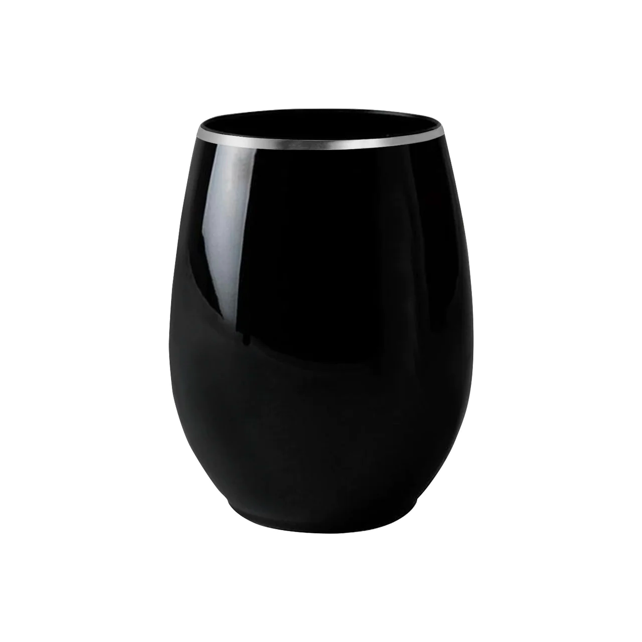 12 oz. Elegant Stemless Plastic Wine Glasses - Black with Silver Rim (16 Count) - Set With Style