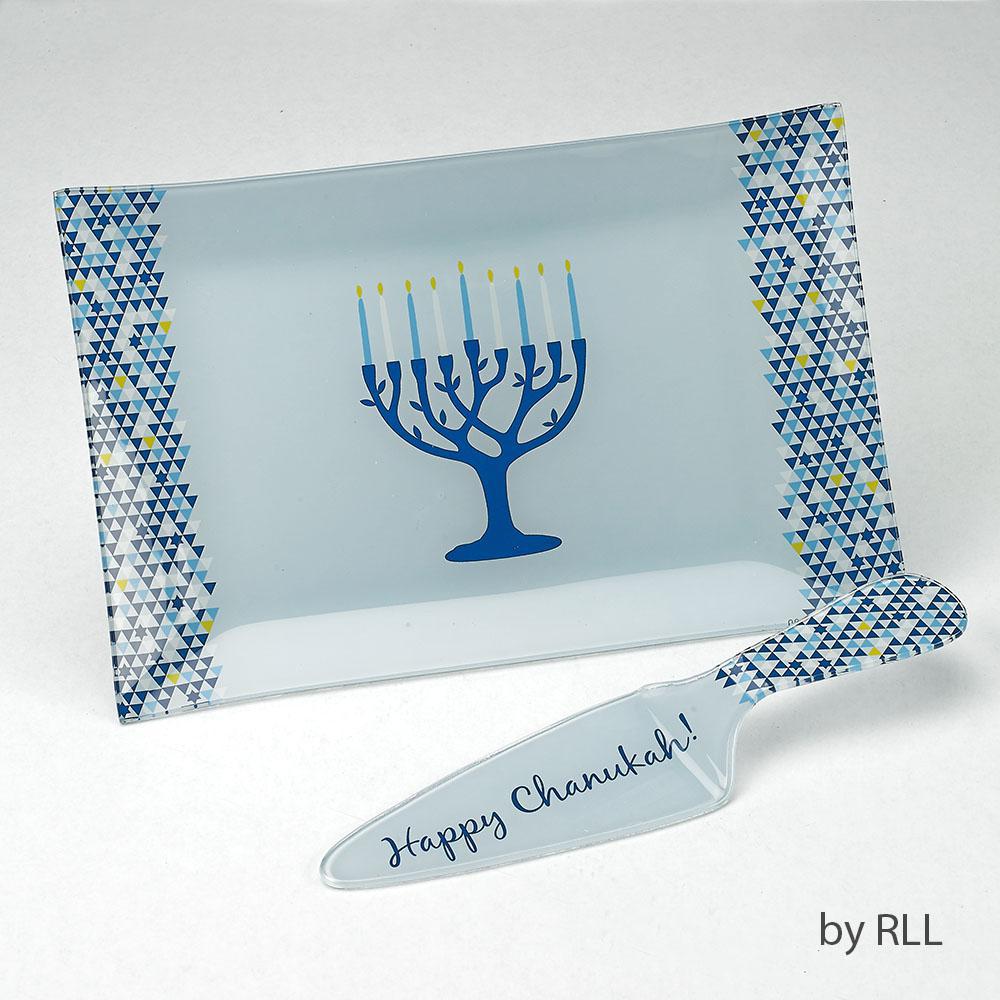 "Tree of Life" Chanukah Glass Tray and Server Set - Set With Style