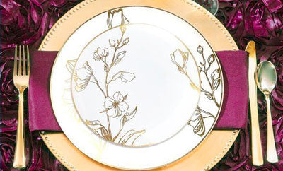 white and gold floral disposable plastic plates