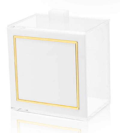 A white and Gold, rectangle lucite cookie jar with a sleek, modern design, filled with assorted cookies.