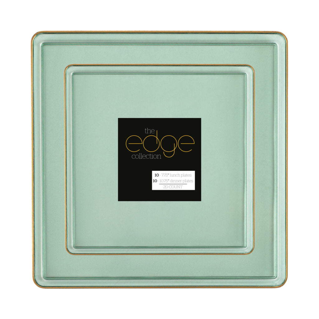 Square Edge Combo Plates Green Transparent/Gold Rim 7.75" & 10.75" (10 Person Count)