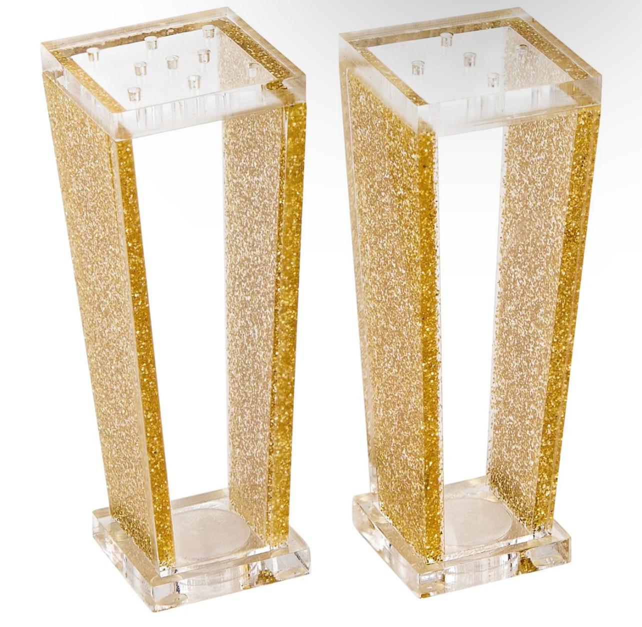 Pair Of Trapezoid Salt Shakers - Gold Glitter And Clear