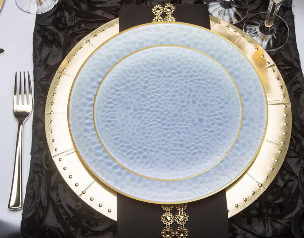 Clear Blue with Gold Rim Hammered Glass Plastic Dinnerware Collection