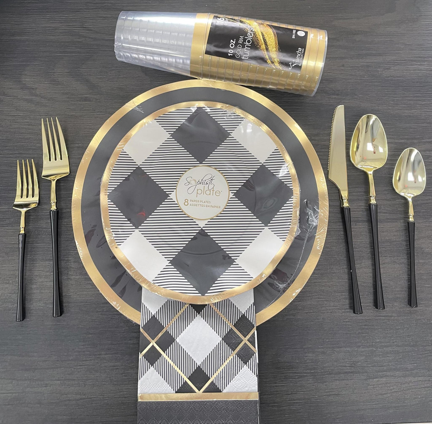 Black and gold wavy paper plate tablesetting package for 16 guests. 