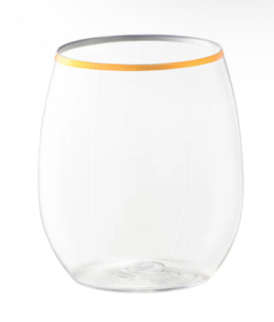 12 oz. Elegant Stemless Plastic Wine Glasses - Clear with Gold (16 Count)