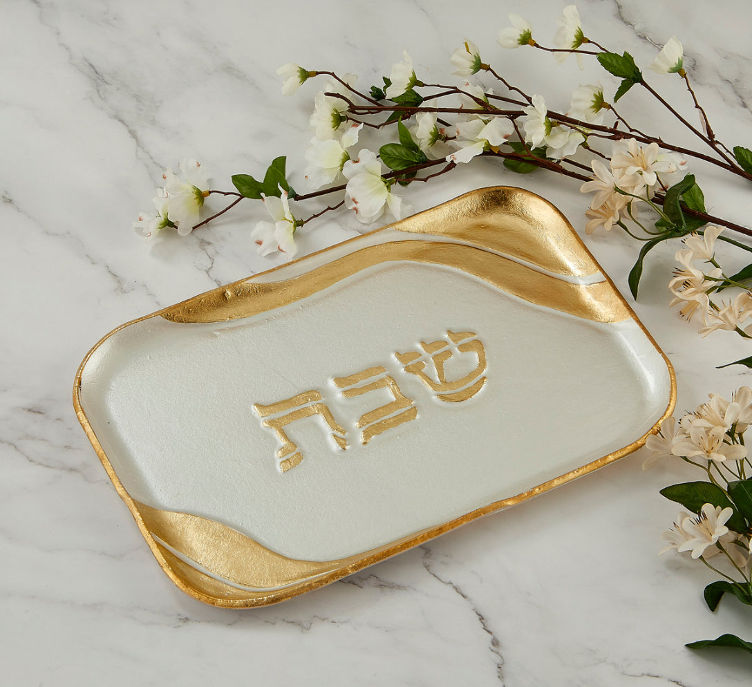 Pearl White and Gold Glass Rectangle Shabbat Tray (1 Count)