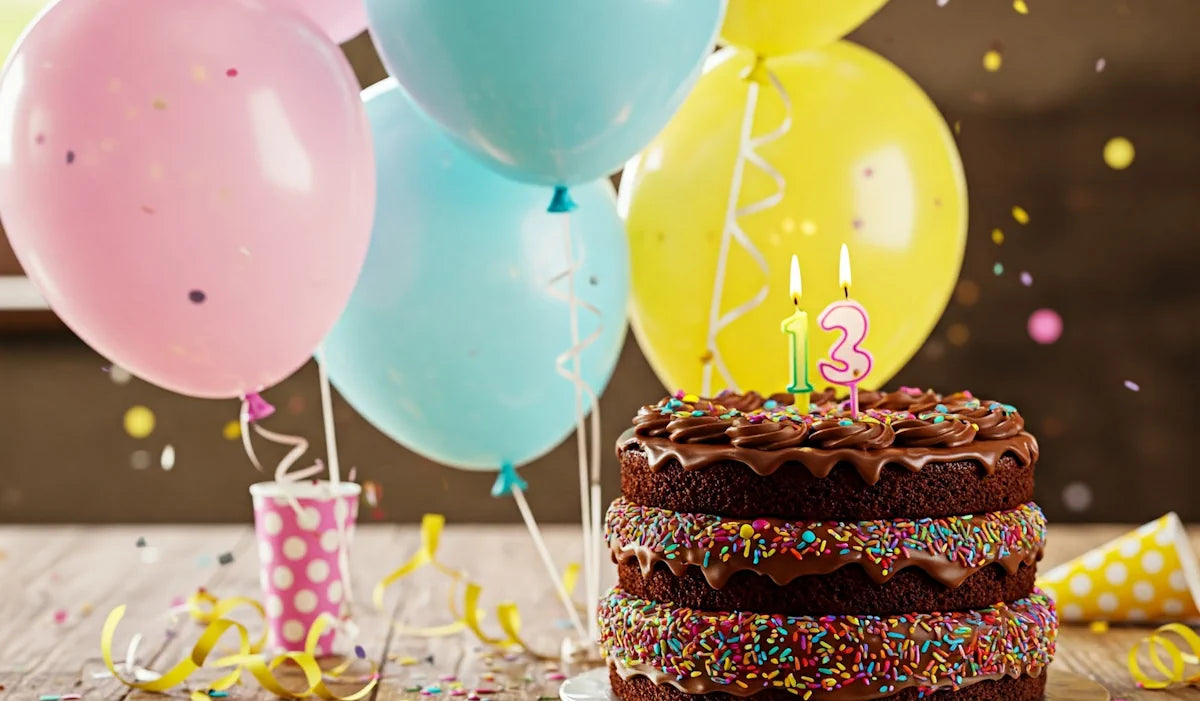 birthday cake with lit number 13 candles on a table with balloons and falling confetti