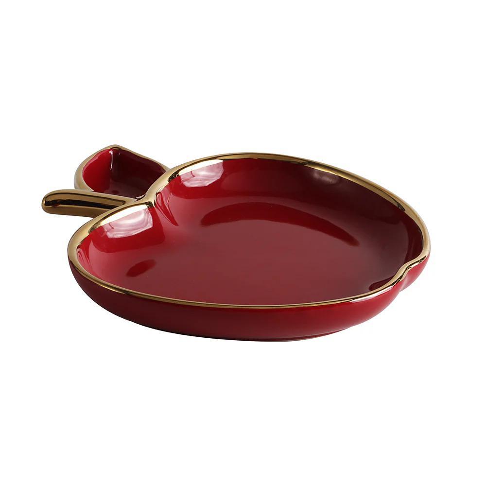 Red Porcelain Apple Shaped Dish With Gold Trim