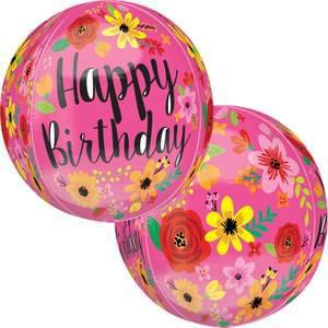 15" Birthday Pink Floral Orbz Balloon (1 Count) - Set With Style