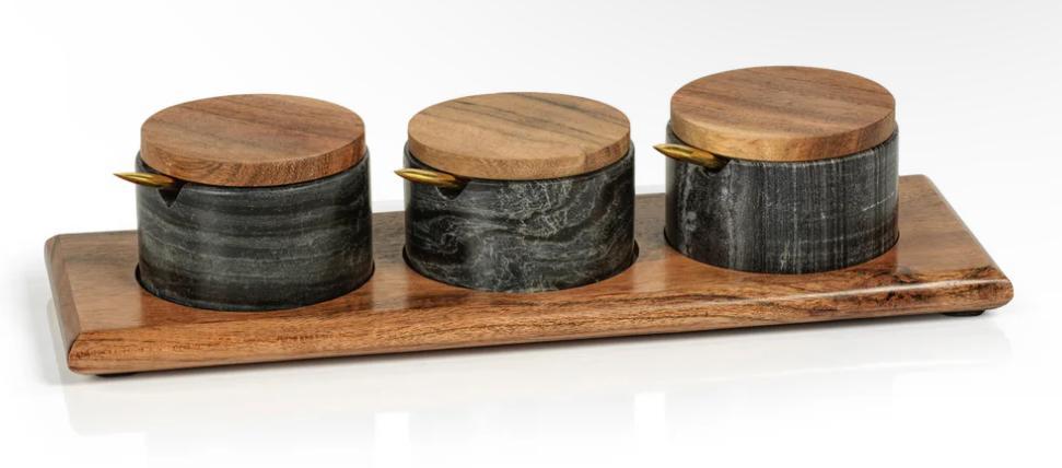 Nairobi Gray Marble and Acacia Wood Condiment Set - Set of 3 (1 Count)