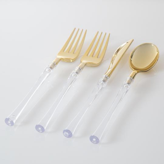 Classic Clear and Gold Plastic Cutlery Set | 32 Pieces