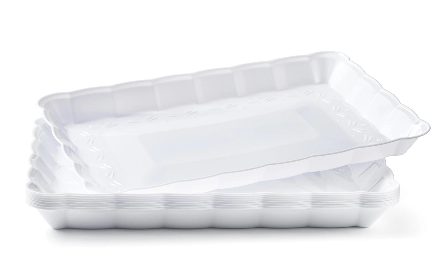 9" x 13" White Rectangular with Groove Rim Plastic Serving Trays (3 Count)