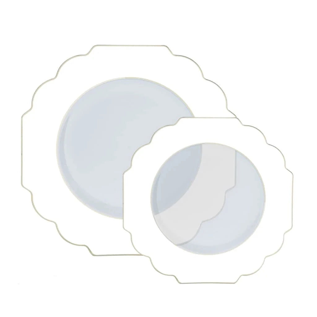 Scalloped White and Gold luxury plastic dinner plates. 