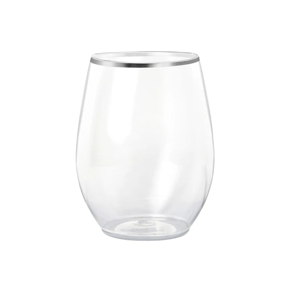 12 oz. Clear With Silver Rim Elegant Stemless Plastic Wine Glasses (16 Count) - Set With Style