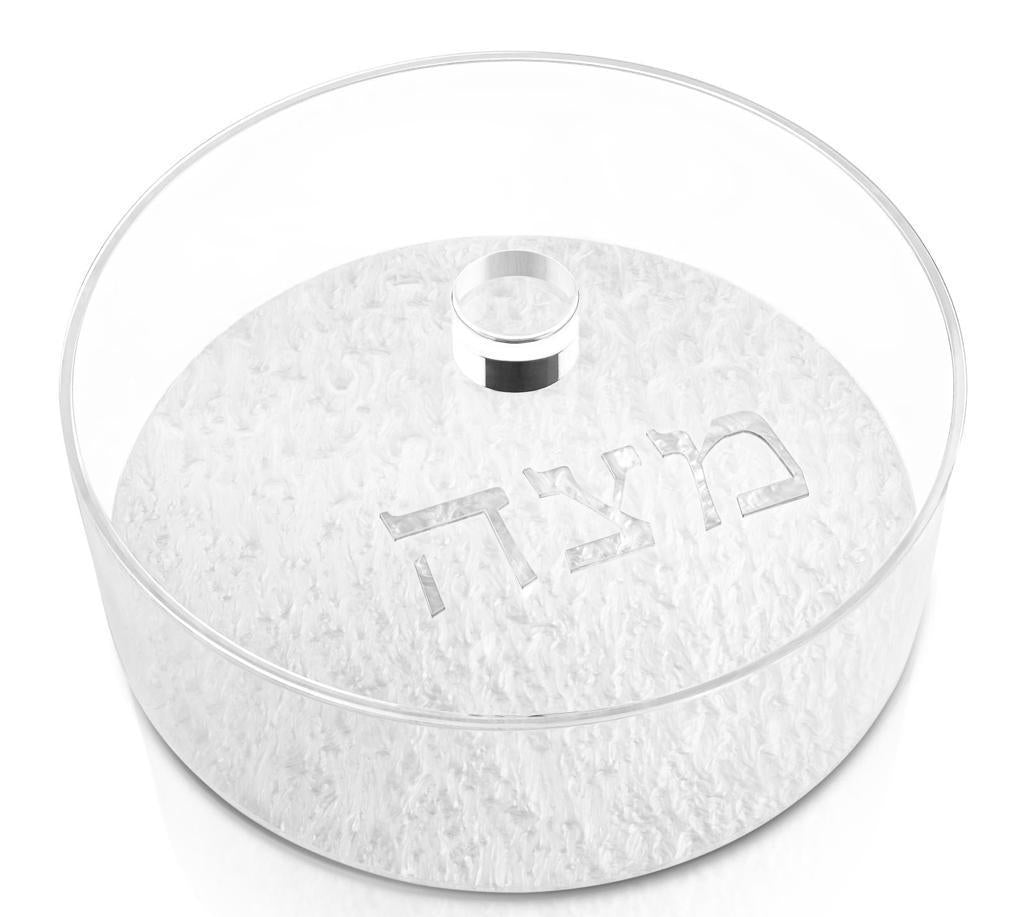 Luxe Round Matza Box With White Marble Bottom And Clear Lid (1 Count) - Set With Style