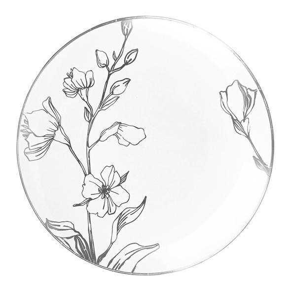 Antique Floral Round Disposable Plastic Dinner Plates, Silver (10 Count) - Set With Style