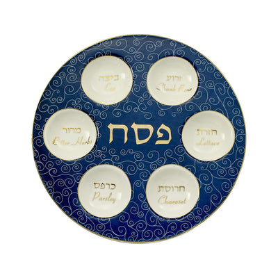 Ceramic Blue Curlicues-Gold Accents Seder Plate - Set With Style