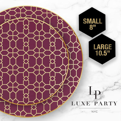 Round Cranberry • Gold Pattern Plastic Plates | 10 Pack - Set With Style