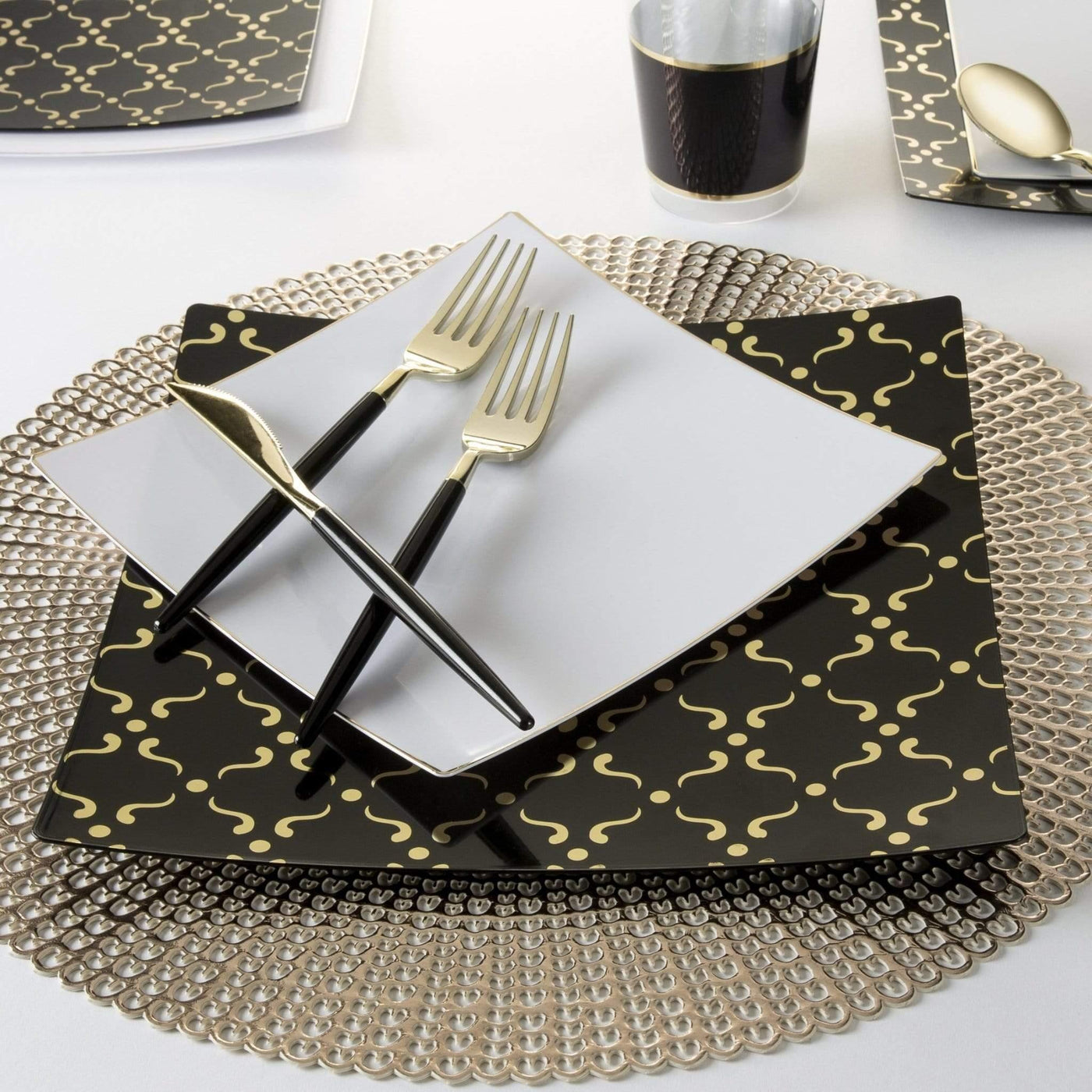 Square Black • Gold Pattern Plastic Plates | 10 Plates - Set With Style