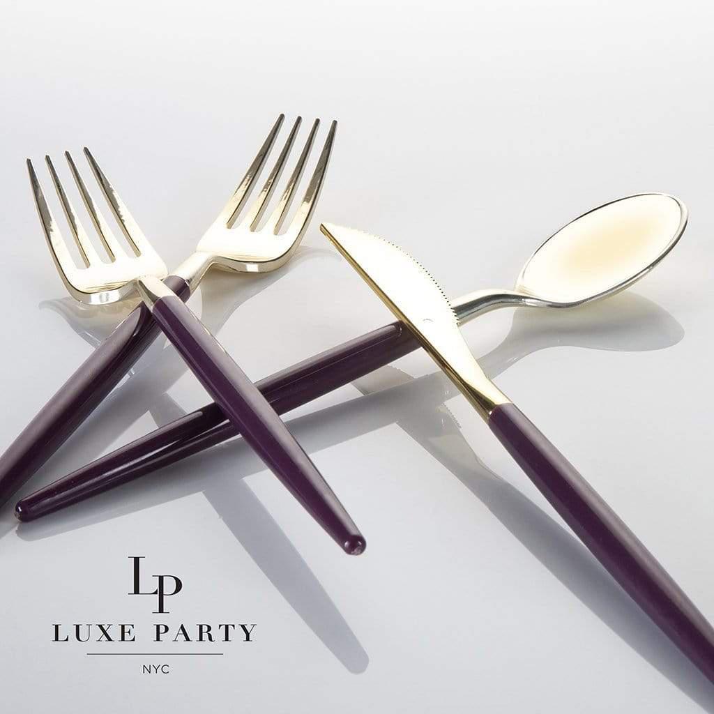 Purple • Gold Plastic Cutlery Set | 32 Pieces (Service for 8) - Set With Style