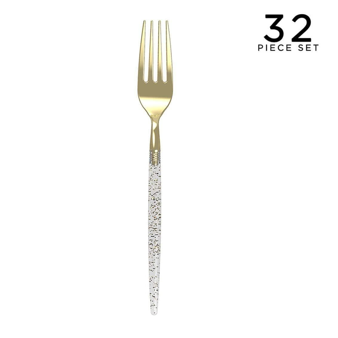 Chic Round Gold Glitter Fork Cutlery Pack | 32 Pieces - Set With Style