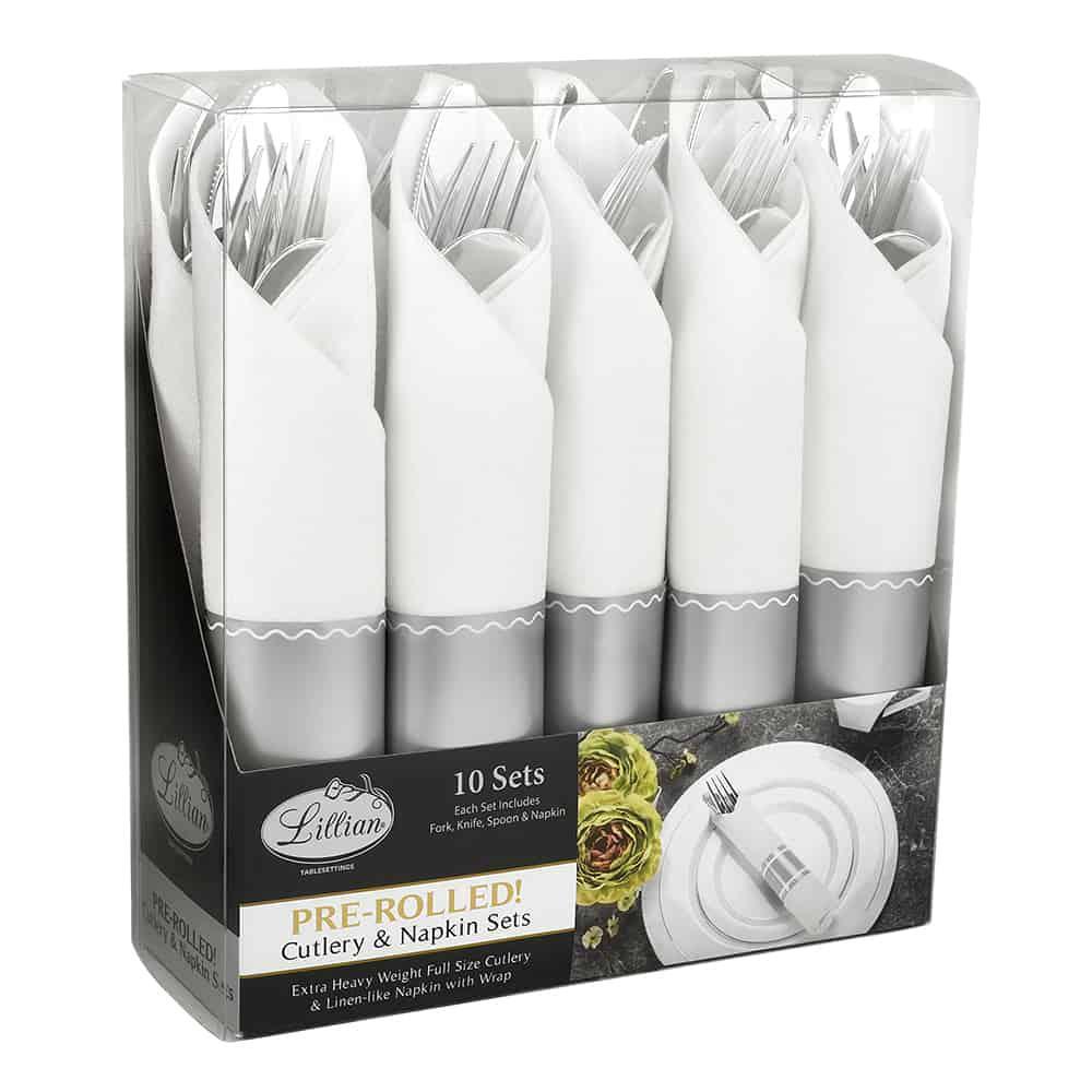 Pre-rolle Cutlery and Napkin Set Silver -10 count - Set With Style