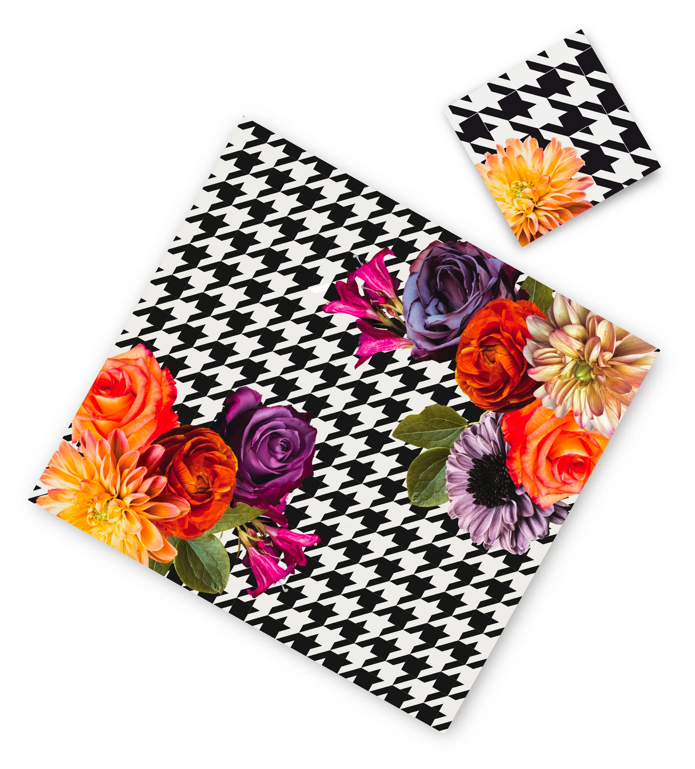 Houndstooth With Flowers Paper Placemat With Coasters (12 Count) - Set With Style