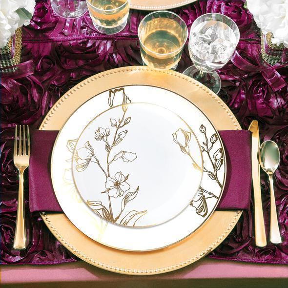Round White and Gold Plastic Disposable Plates: Antique Floral Elegance