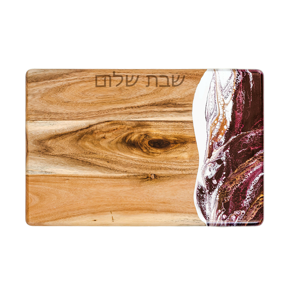 Judaica Acacia Shabbat Shalom Challah Board - Hebrew Engraving: Raspberry White Gold - Set With Style
