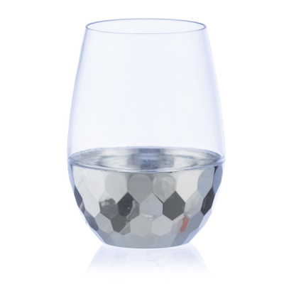 16 oz. Elegant Stemless Plastic Wine Goblet - Clear and Silver Hammered (6 Count) - Set With Style