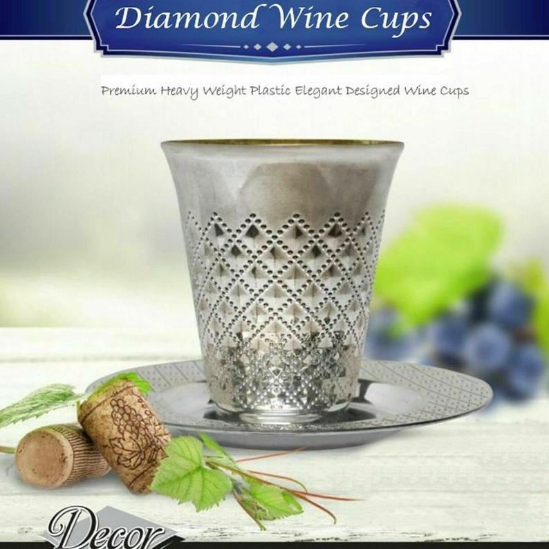 Diamond Kiddush Cups 5 Oz. 5 Ct. With Saucers - Set With Style