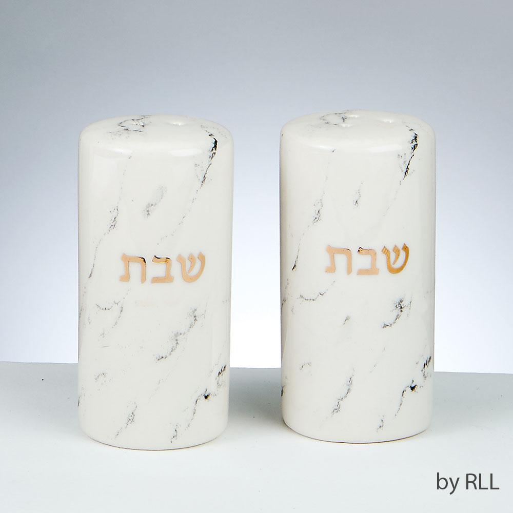 Shabbat White Marble Design Salt and Pepper Shaker Set - Set With Style