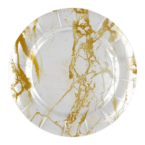 13" White with Gold Marble Round Disposable Paper Charger Plates - Set With Style