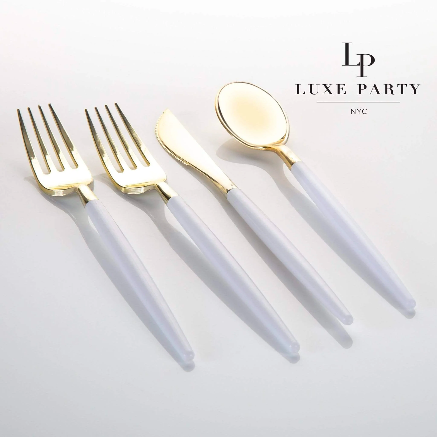 Chic Flatware Gold/White Combo (16 Forks + 8 Knives + 8 Spoons) - EZ Party  USA