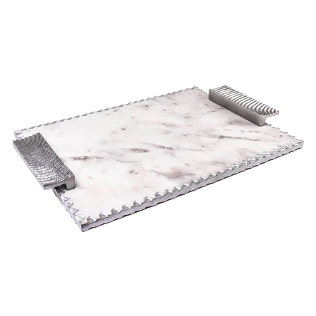 Marble Challah Board Silver Polish with Handles and Knife - Set With Style