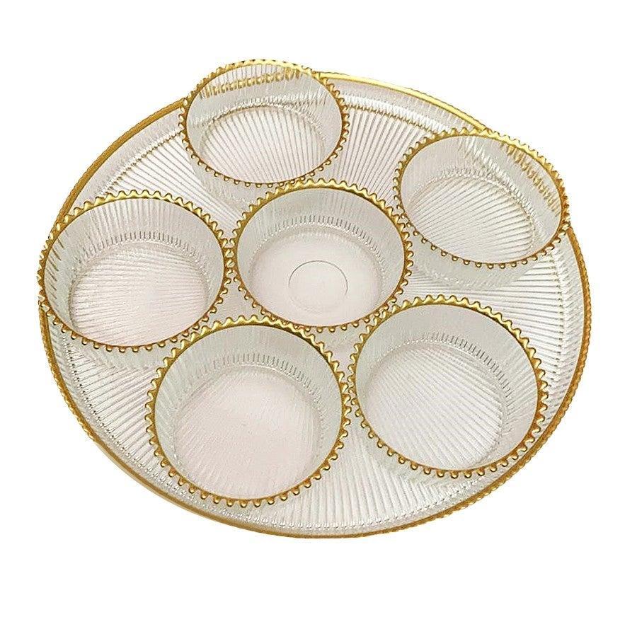 Glass Seder Tray with Gold Beaded Trim - with 6 Bowls - Set With Style