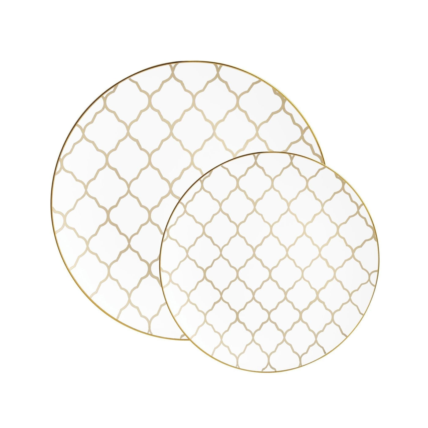 Round White • Gold Lattice Pattern Plastic Plates | 10 Pack - Set With Style