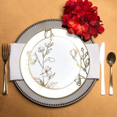 Round White and Gold Plastic Disposable Plates: Antique Floral Elegance