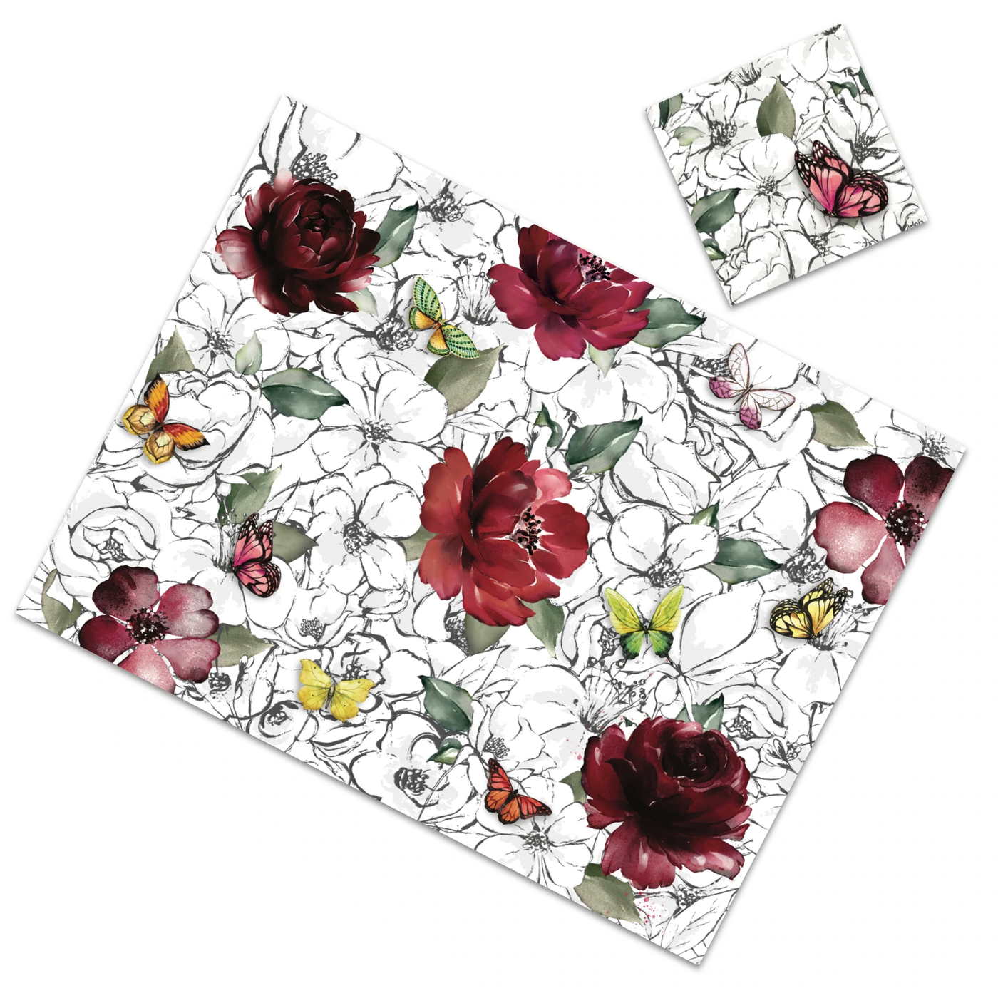Red Flowers with Butterflies Paper Placemat with Coaster - Rectangle (12ct) - Set With Style