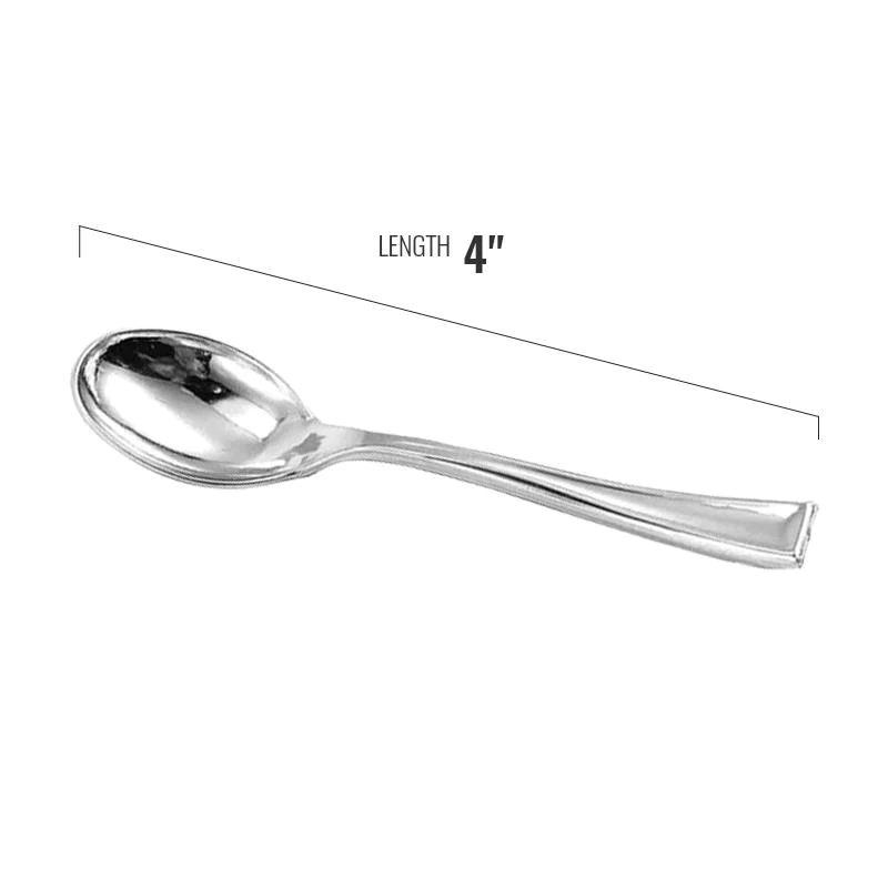 Shiny Metallic Silver Mini Plastic Disposable Tasting Spoons (24 count) - Set With Style