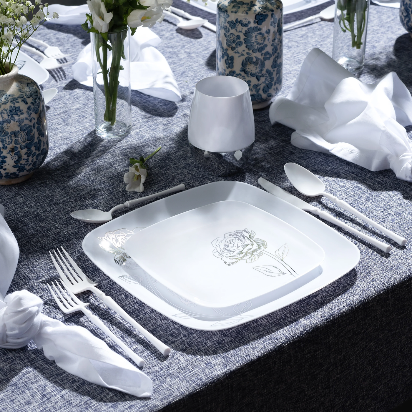 Peony Plate Collection - White/ Silver - Set With Style