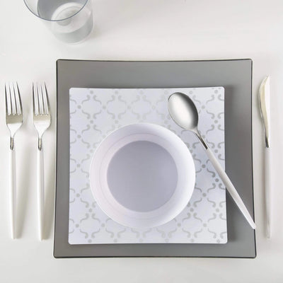 Square White • Silver Pattern Plastic Plates 10.5" | 10 Plates - Set With Style
