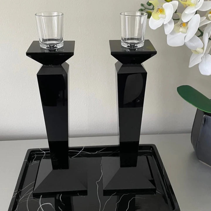 Pair of 12" Sleek Solid Black Crystal Candlesticks - Set With Style