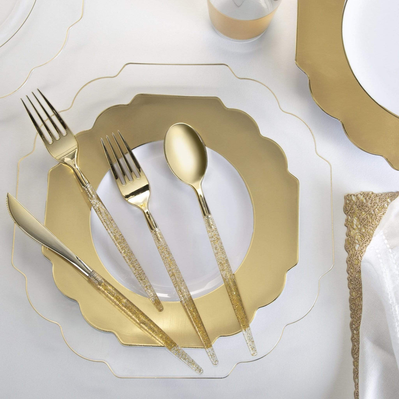 Scalloped Clear • Gold Plastic Dinnerware Collection - Set With Style